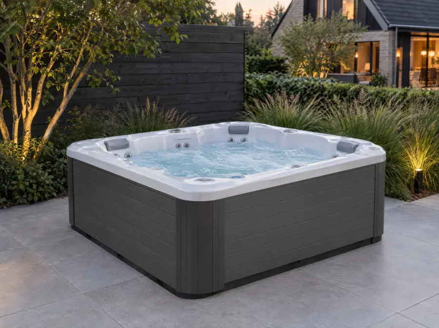 Buitenspa met grijze ombouw op een terras in de tuin