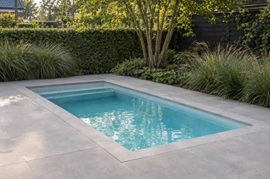 Plunge pool met een brede inlooptrap en een natuurstenen terras