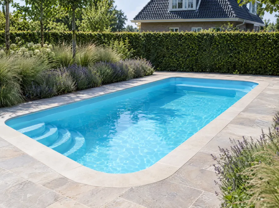 Polyester zwembad met ronde hoeken en een inlooptrap in een tuin