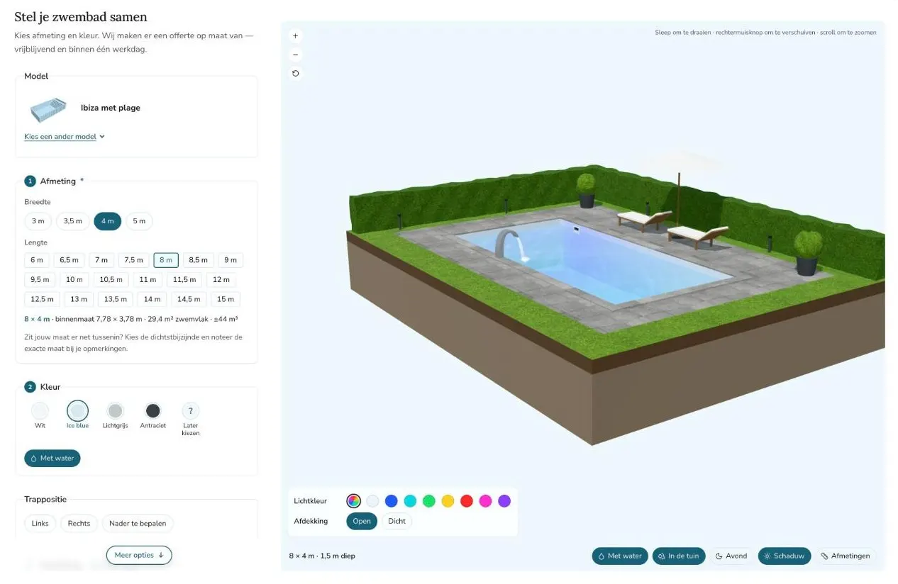De 3D-configurator van Roes Zwembaden met een polypropyleen zwembad in een tuin