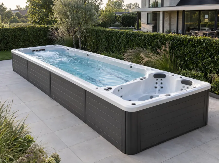 Zwemspa op een natuurstenen terras